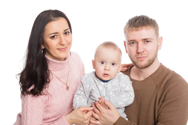 Junge Familienvater Mutter Und Kleiner Junge Isolation Auf Weiß — Stockfoto