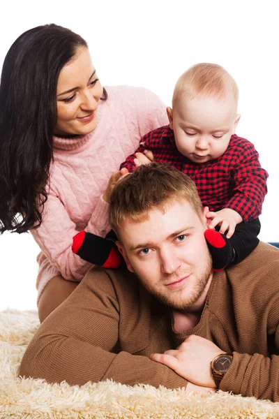 Gelukkige Vader Moeder Zoontje Geïsoleerd Wit — Stockfoto