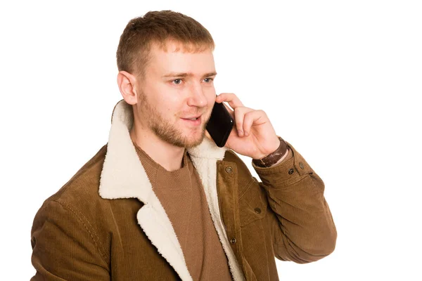 Young European Man Talking Smartphone Isolated White — Stock Photo, Image