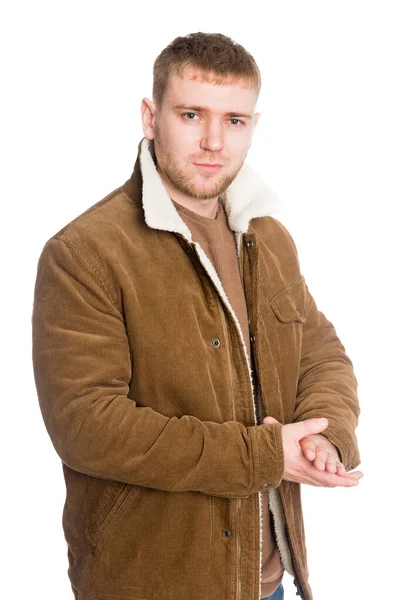 Portrait Young European Man Winter Jacket Isolated White — Stock Photo, Image