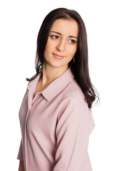 Portrait Charming Young Brunette Girl Light Dress Isolated White — Stock Photo, Image