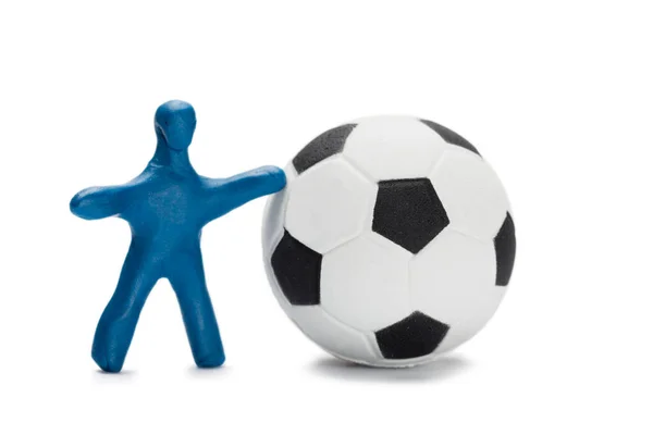 Plasticine Small Person Soccer Player Ball Isolated White — Stock Photo, Image