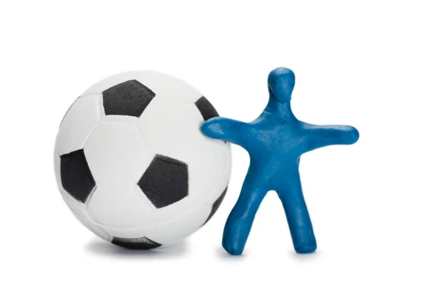 Plasticine Kleine Persoon Voetballer Met Een Bal Geïsoleerd Wit — Stockfoto