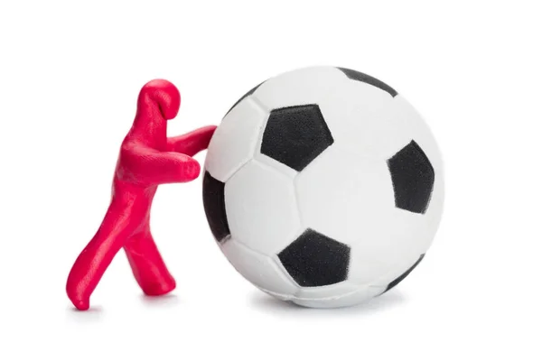 Plasticine Small Person Soccer Player Soccer Ball Isolated White — Stock Photo, Image
