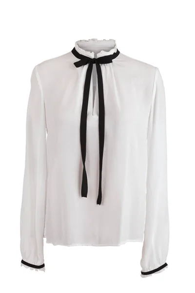 Elegante witte blouse met franje rond de kraag en mouwen, — Stockfoto