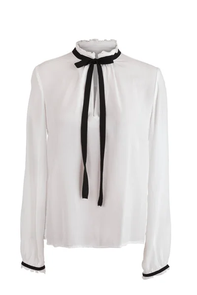 Elegante blusa blanca con volantes alrededor del cuello y mangas , Imagen de stock