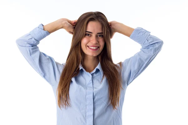 Vrouw bedrijf handen omhoog — Stockfoto