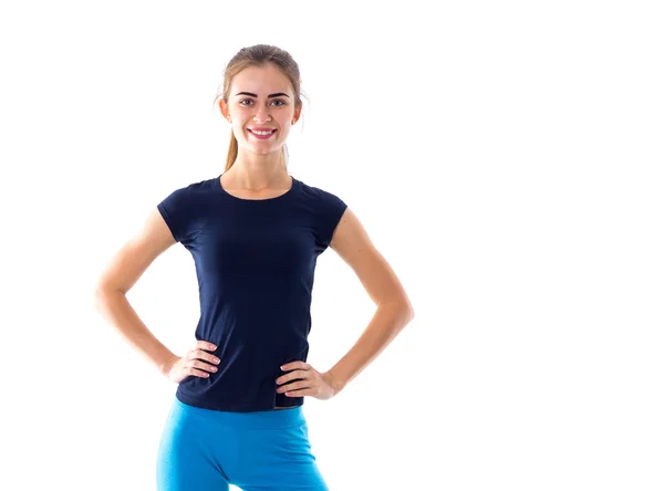 Vrouw in blauw T-shirt glimlachen — Stockfoto