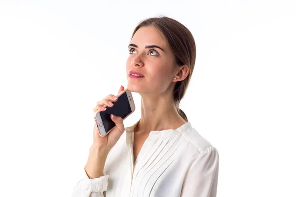 Nő-tartja a telefont — Stock Fotó