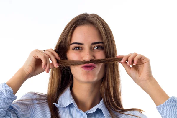 Woman making moustache with her hair — Stock Photo, Image