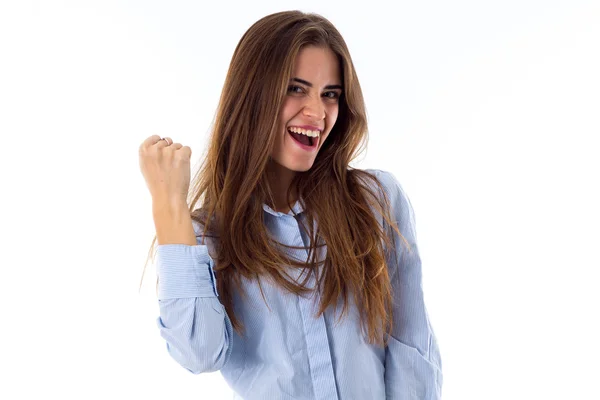 Smiling woman showing her fist — Stock Photo, Image
