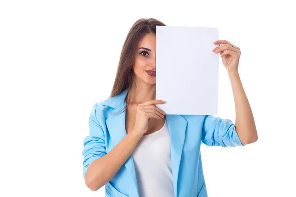 Woman holding white sheet of paper Royalty Free Stock Images