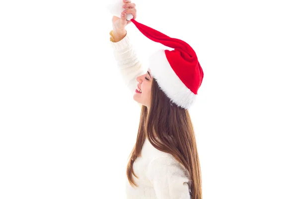 Donna in cappello rosso di Natale con un bubo — Foto Stock