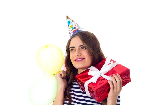 Žena držící přítomné a balóny — Stock fotografie
