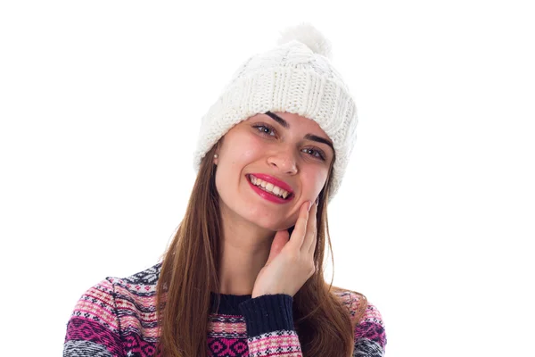 Frau in Pullover und weißem Hut — Stockfoto