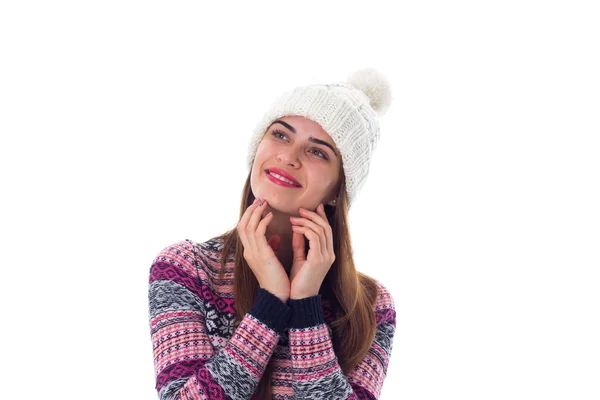 Mujer en suéter y sombrero blanco — Foto de Stock