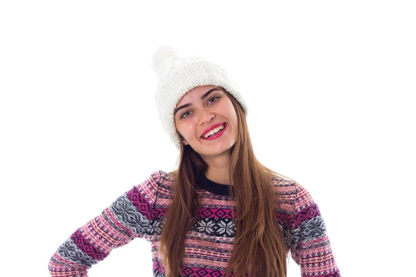 Woman in sweater and white hat — Stock Photo, Image