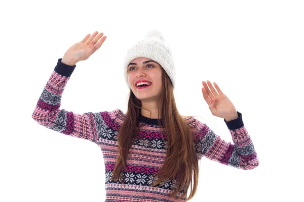 Mujer en suéter y sombrero blanco — Foto de Stock