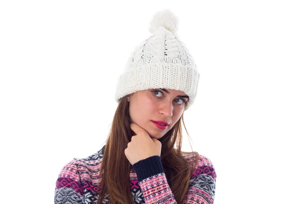 Woman in sweater and white hat — Stock Photo, Image