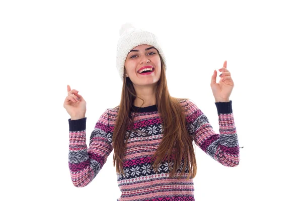 Woman in sweater and white hat — Stock Photo, Image