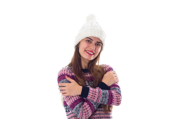 Woman in sweater and white hat — Stock Photo, Image