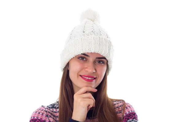 Kvinna i tröja och vit hatt — Stockfoto