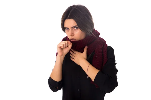 Mujer enferma con bufanda tosiendo — Foto de Stock