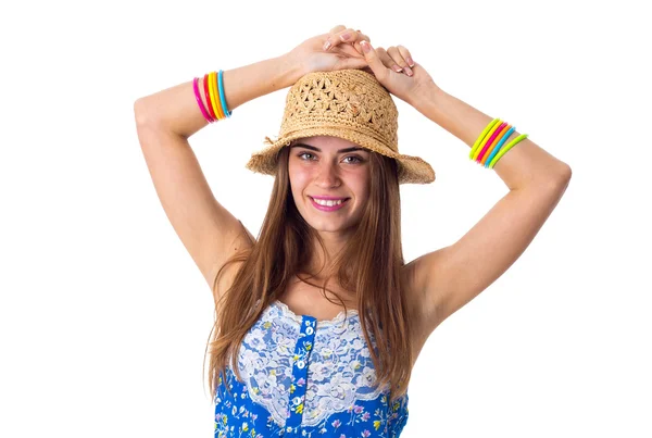 Woman in hat holding hands on the head — Stock Fotó