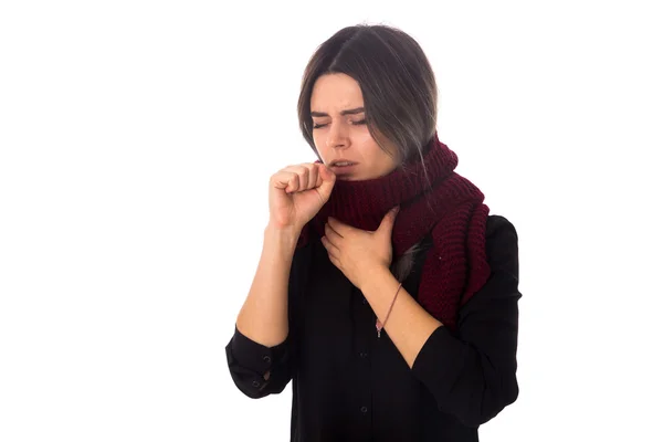 Mujer enferma con bufanda tosiendo — Foto de Stock