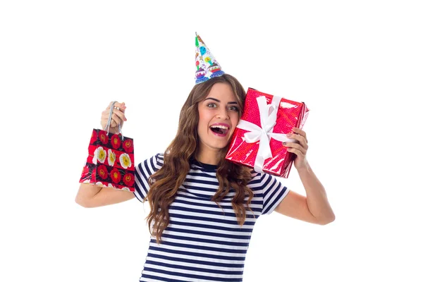 Mujer en celebración gorra celebración celebración regalos —  Fotos de Stock