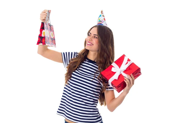 Mujer en celebración gorra celebración celebración regalos — Foto de Stock