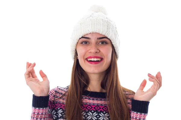 Woman in sweater and white hat — Stock Photo, Image