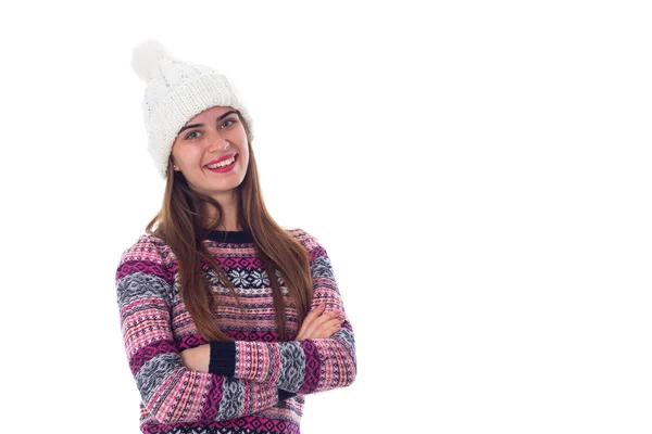 Donna in maglione e cappello bianco — Foto Stock