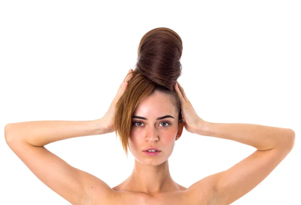 Mulher com cabelo em um pão — Fotografia de Stock