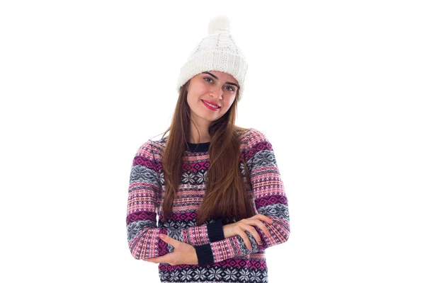 Woman in sweater and white hat — Stock Photo, Image