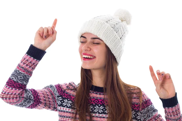 Woman in sweater and white hat — Stock Photo, Image