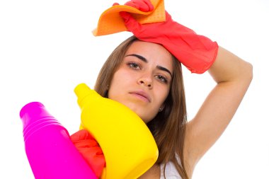 Kadın holding toz bezi ve deterjanlar için