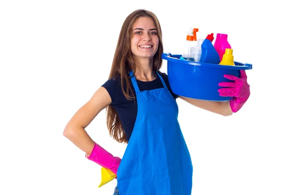 Kobieta trzyma czyszczenia rzeczy w umywalki — Zdjęcie stockowe