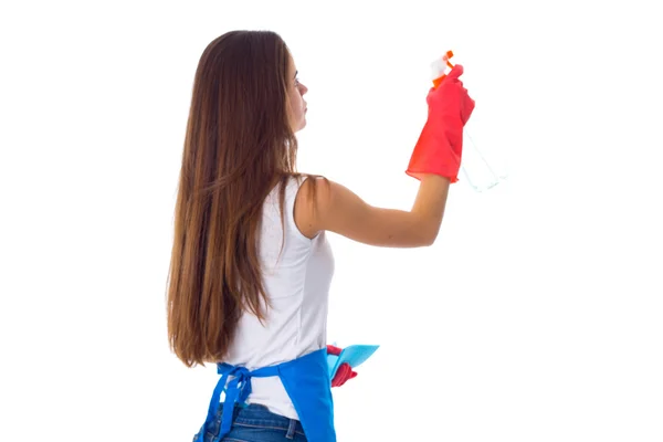 Женщина с пылесосом и моющим средством — стоковое фото