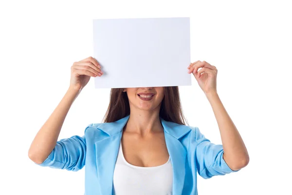 Woman holding white sheet of paper Royalty Free Stock Images