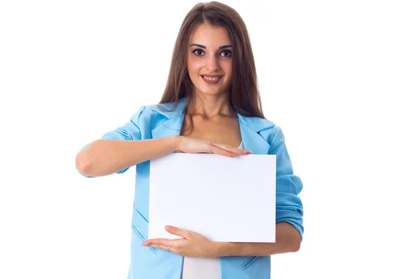 Woman holding white sheet of paper — Stock Photo, Image