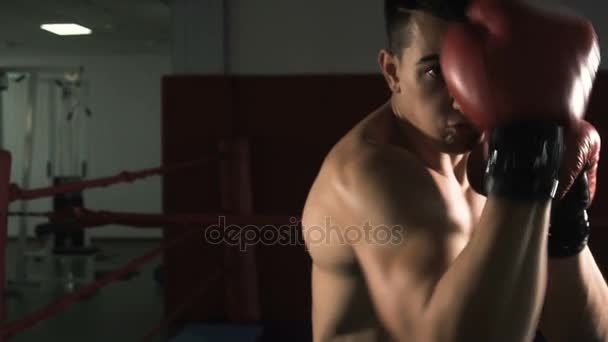 Юный спортсмен тренируется в боксёрском зале — стоковое видео