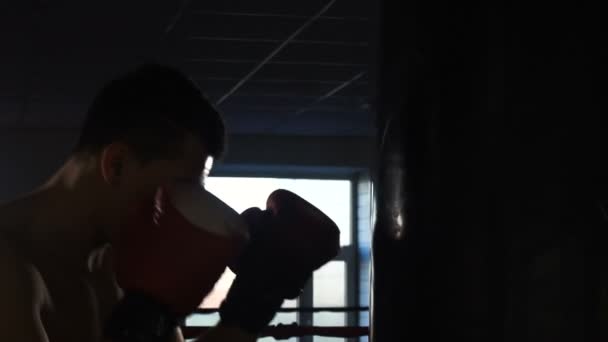 Юный спортсмен тренируется в боксёрском зале — стоковое видео