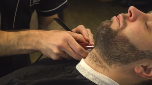 Shaving beard of man in barber shop — Stock Video