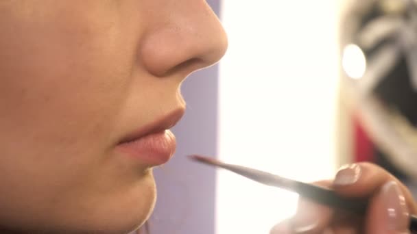 Maquillaje artista hace maquillaje para mujer modelo — Vídeos de Stock