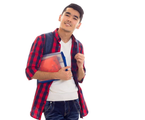 Jeune homme avec sac à dos et copies de livres — Photo