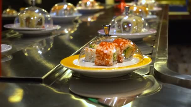 Dishes of Sushi and Sashimi rolling on conveyer belt — Stock Video