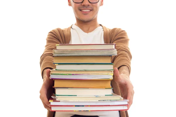 Mladý muž v brýlích s knihami — Stock fotografie