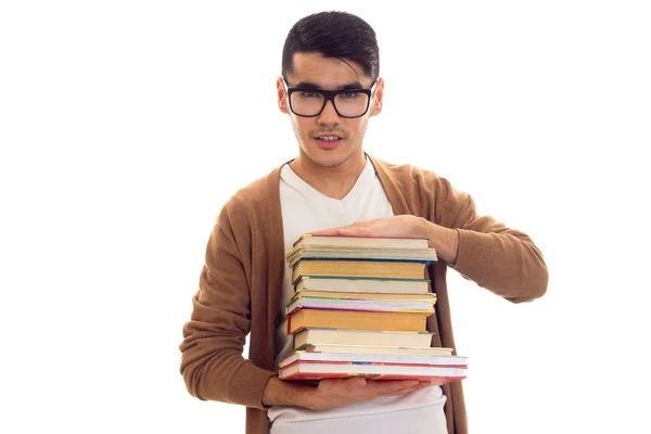 Joven en gafas con libros — Foto de Stock