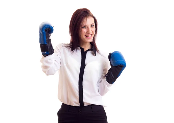 Joven empresaria en guantes de boxeo — Foto de Stock